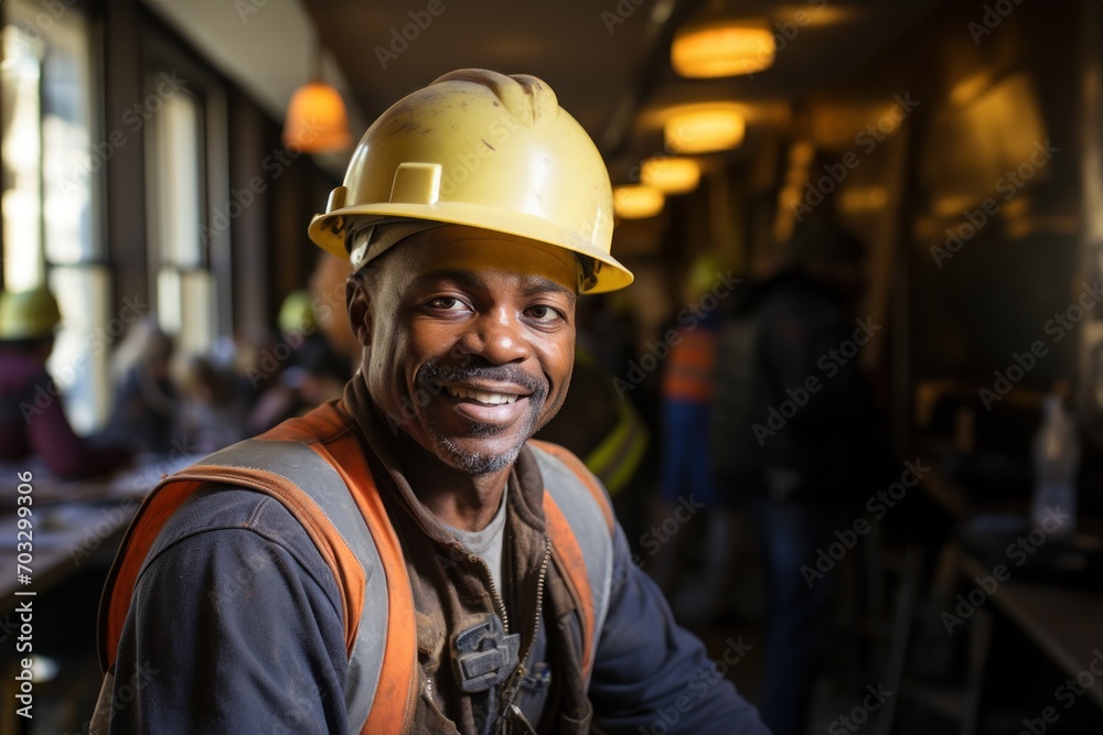 Happy builder in a hard hat leans towards the camera with a smile, construction picture Happy builder in a hard hat leans towards the camera with a smile, construction picture