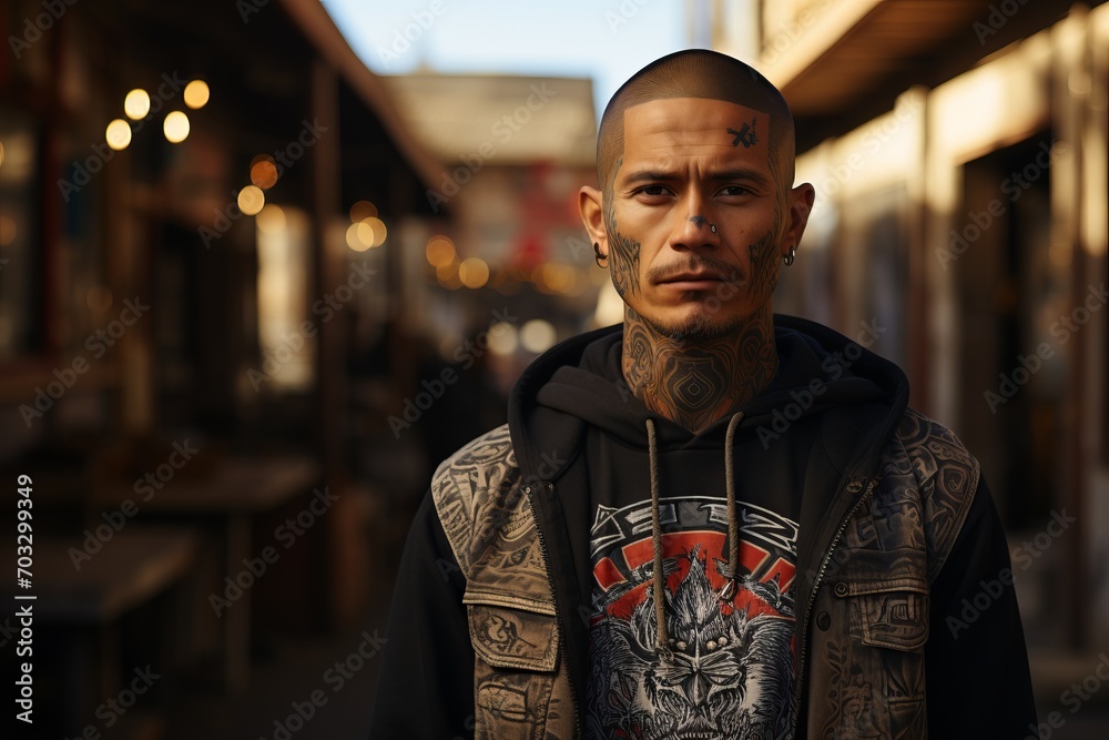A man with tattoos on his face and neck in a sports hood stands on the street, concept: urban and rebellious lifestyle A man with tattoos on his face and neck in a sports hood stands on the street, concept: urban and rebellious lifestyle