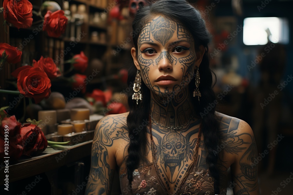 A young woman with tattoos on her face and body stands in front of a flower shop, her image makes her stand out as a bright individual A young woman with tattoos on her face and body stands in front of a flower shop, her image makes her stand out as a bright individual