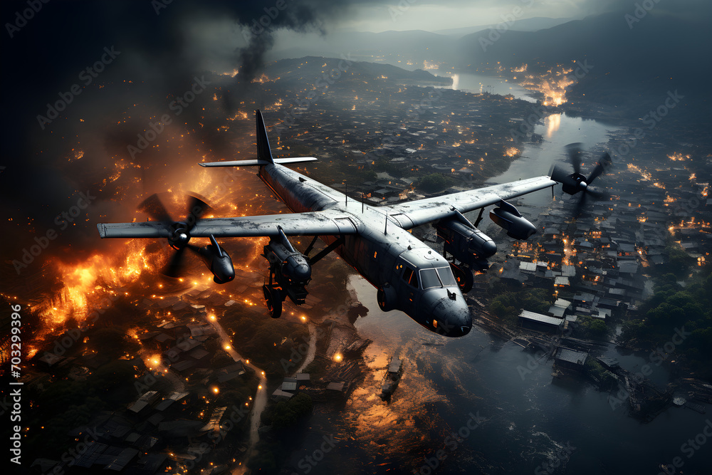 Naklejka premium Plane droping bombs on city in flames of explosions during war