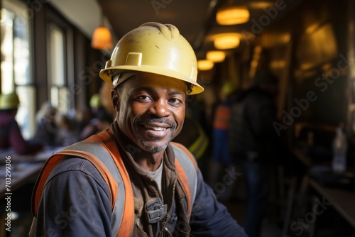 Happy builder in a hard hat leans towards the camera with a smile, construction picture