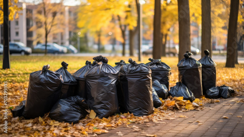Black plastic bags full of autumn leaves. Large black plastic trash sacks with fallen dried leaves stand on the grass. Seasonal cleaning of city streets from fallen leaves. Cleaning service