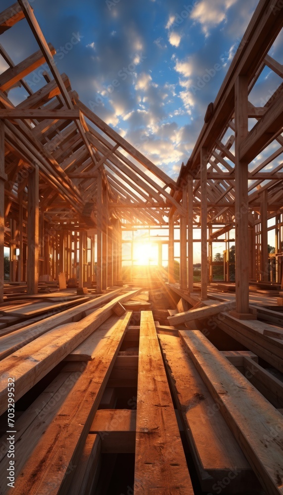 A wood frame building showcasing the progress at the construction site, construction picture A wood frame building showcasing the progress at the construction site, construction picture