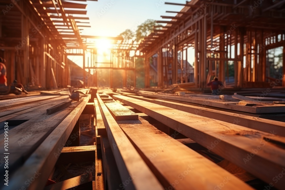 A building using a wooden frame at the construction site., construction picture A building using a wooden frame at the construction site., construction picture