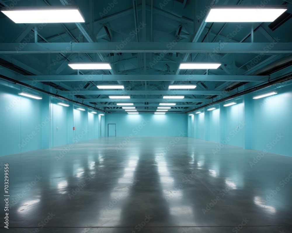 Spacious warehouse illuminated by numerous white lights, construction picture