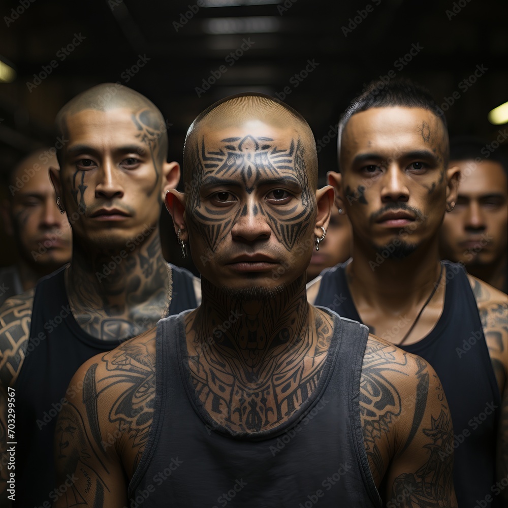 A group of men with tattoos, in the foreground a man with a face tattoo, emphasizing leadership and unity. A group of men with tattoos, in the foreground a man with a face tattoo, emphasizing leadership and unity.
