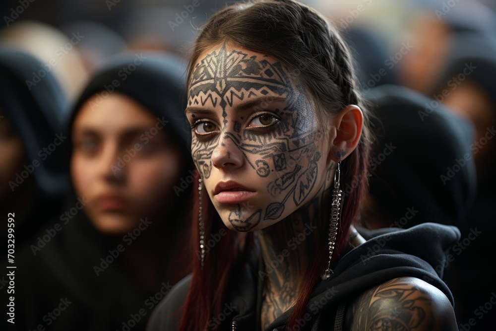 Naklejka premium Young woman with detailed tattoos on her face and ear tunnel earrings, standing out from the crowd, expressing individuality and self-expression