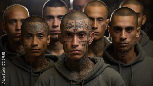 A group portrait of men with tattoos on their faces and heads stands out in the foreground, creating an image of unity and strength of the collective