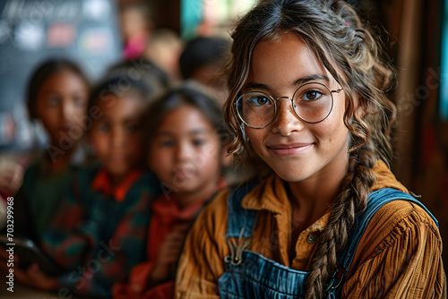 Smiling girl with glasses in front of peers