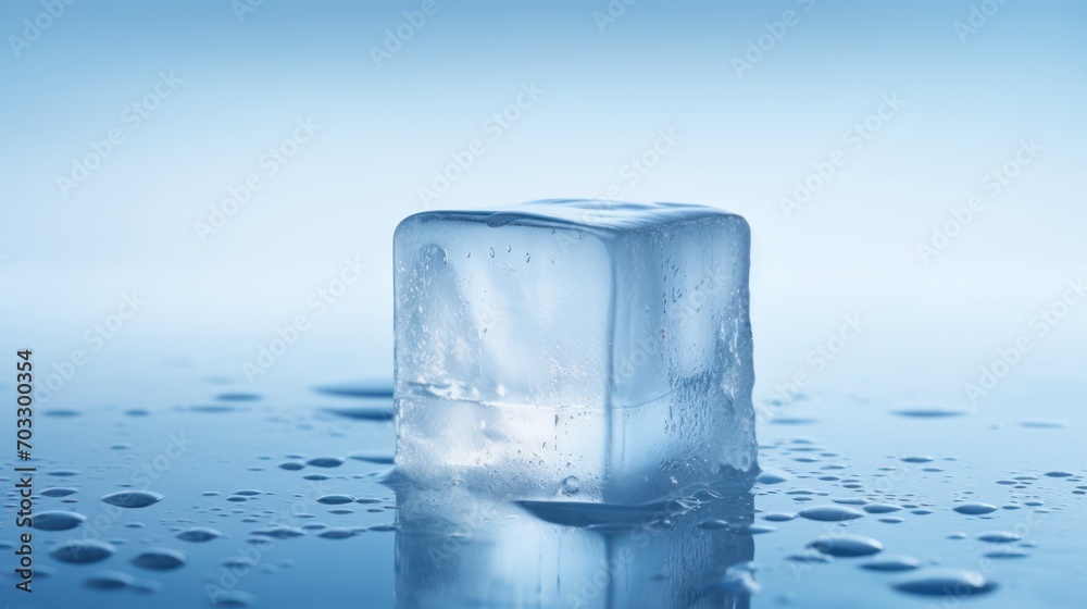 an ice cube sitting on top of a table covered in drops of water with a blue sky in the background. an ice cube sitting on top of a table covered in drops of water with a blue sky in the background.