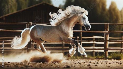 Golden Coat Horse Galloping in Full Sprint, Equestrian Beauty in Motion. Stallion with Flowing Silver Mane.