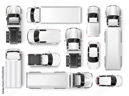 Top view of cars and trucks. Isolated realistic vehicles on a white background. Vector illustration
