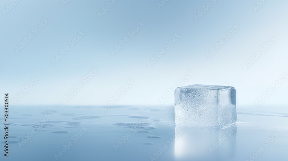 a block of ice sitting on top of a table next to a blue and white background with drops of water. a block of ice sitting on top of a table next to a blue and white background with drops of water.