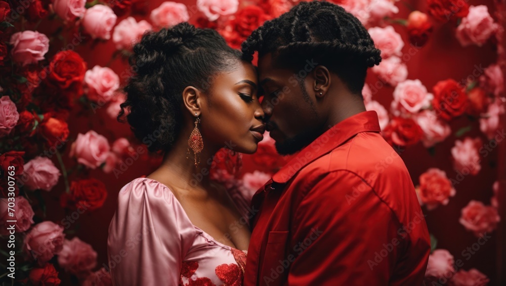 African-American curly couple in love on Valentine's Day - obrazy, fototapety, plakaty 