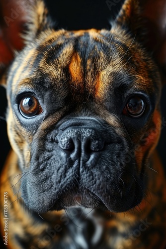 A bulldog dog looking attentively at the lens in close-up.AI generated. 