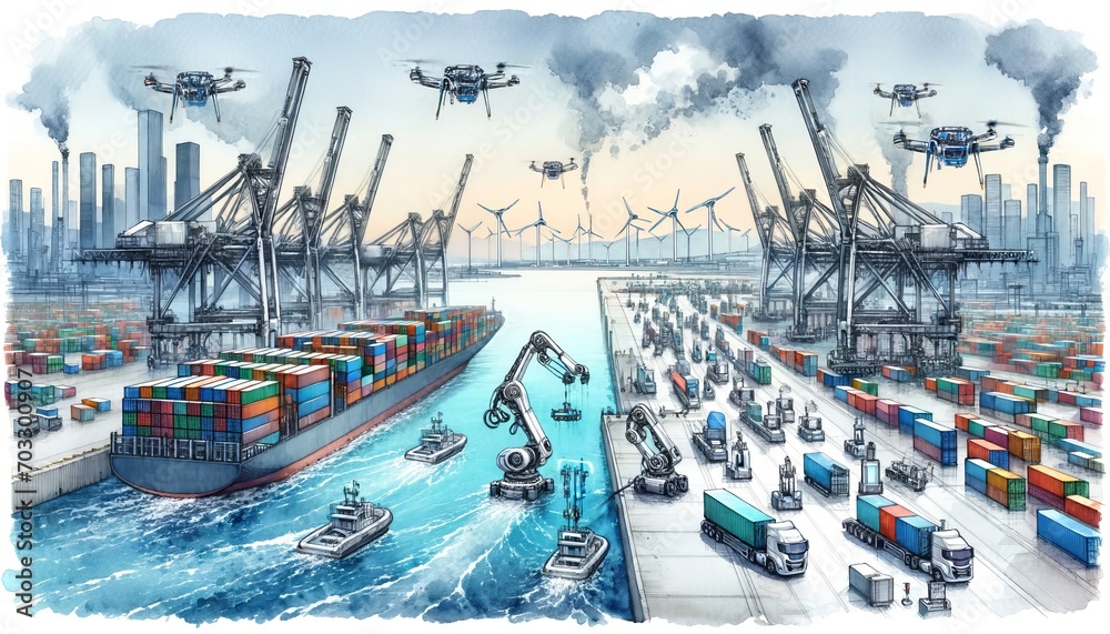 The watercolor image showcases a bustling port scene with cargo ships, cranes, drones, trucks, and wind turbines in the background, symbolizing a blend of industry and renewable energy. - obrazy, fototapety, plakaty 