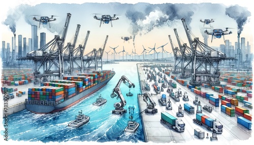 The watercolor image showcases a bustling port scene with cargo ships, cranes, drones, trucks, and wind turbines in the background, symbolizing a blend of industry and renewable energy.