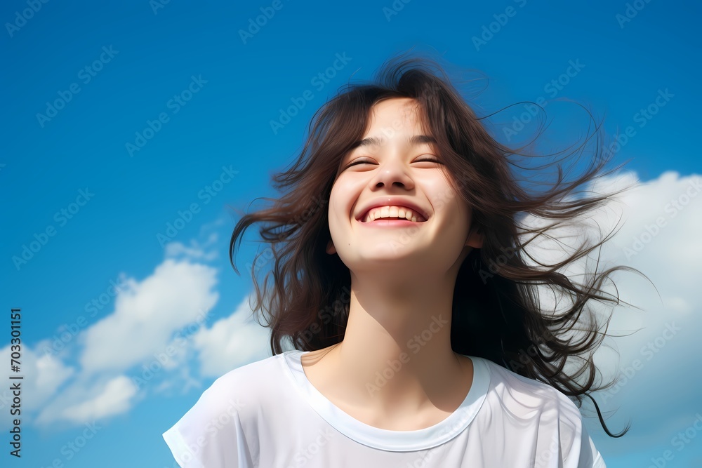An upbeat teenage girl with an infectious smile on a soothing sky blue backdrop.