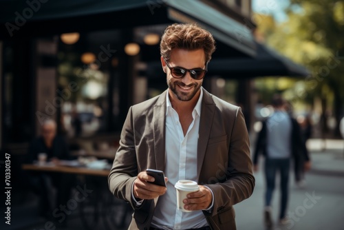 Cheerful businessman enjoying his city stroll, laptop and coffee cup adding to his cityscape experience, Generative AI