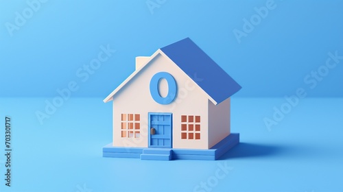 Cute Blue Home with 3D House Sale Icon - Modern Dwelling Illustration with Percent Discount Offer for Real Estate and Housing Market Promotion