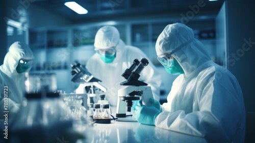 A team of scientists wearing a protective white suit are studying samples of microorganisms under a microscope in a modern medical laboratory. Healthcare, microbiology, biotechnology, biology concepts