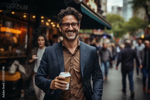 Excited businessman striding confidently through the city streets, holding a laptop and a takeaway coffee cup, Generative AI