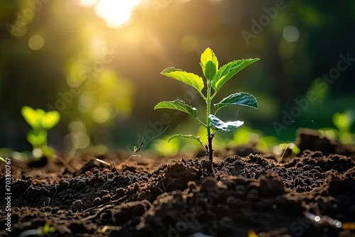 Nurturing nature promise young seedling sprouting from rich fertile soil. Green beginnings. Close up of tiny symbolizing growth and life. Sustainable agriculture. Fresh emerging from earth embrace