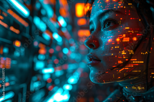 woman with projected light patterns on face in neon-lit setting