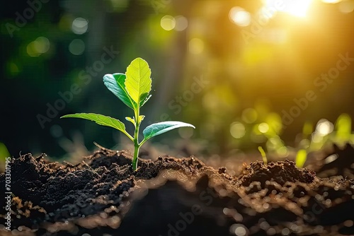 Nurturing nature promise young seedling sprouting from rich fertile soil. Green beginnings. Close up of tiny symbolizing growth and life. Sustainable agriculture. Fresh emerging from earth embrace