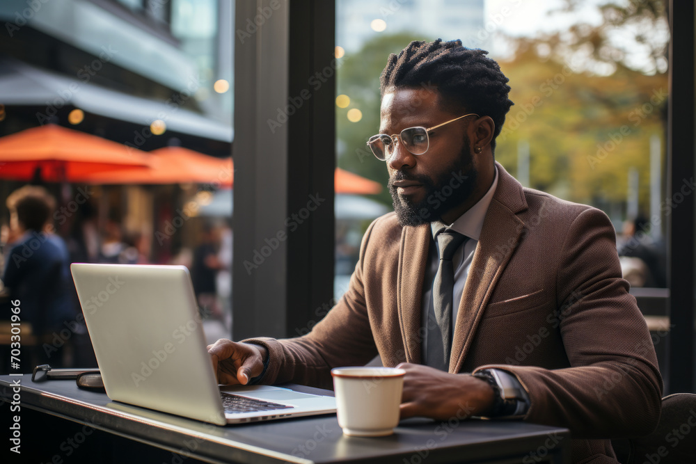 Forward-thinking businessman navigating the cityscape with a laptop and a coffee for a productive day, Generative AI Forward-thinking businessman navigating the cityscape with a laptop and a coffee for a productive day, Generative AI