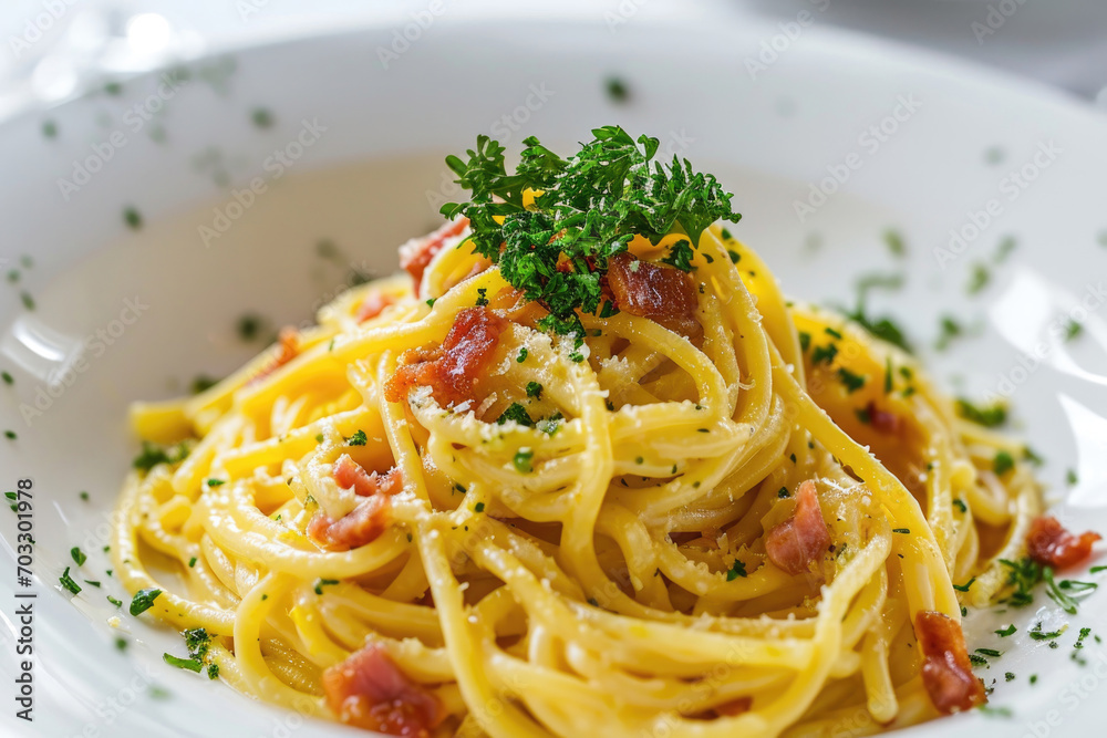 A Pasta Carbonara elegantly arranged on a pristine white background