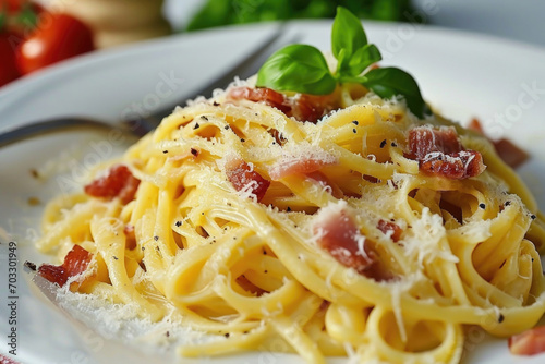 A Pasta Carbonara elegantly arranged on a pristine white background