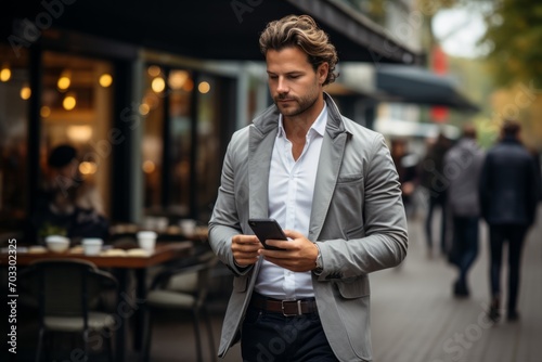 Successful entrepreneur staying mobile and motivated, walking in the city with his laptop and coffee in hand, Generative AI
