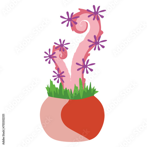 Close up Cute fan Alien Plant with Flowers and tentacles in Flower pot. Pink Botanical Graphic Art isolated on white background. Bright color Fantasy Design element for Book, Card, Poster, Banner.