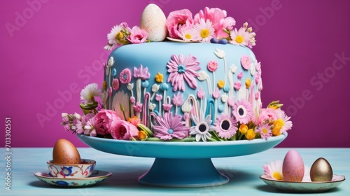  a blue cake decorated with flowers and eggs on a blue cake platter with a purple wall in the background.