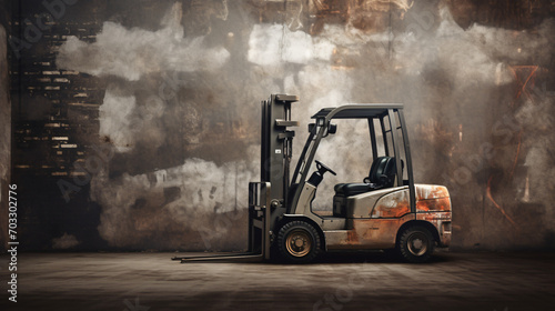 Forklift truck on industrial dirty wall background
