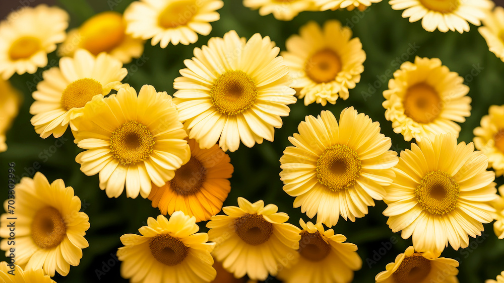 Delicate yellow gerberas on dark green blurred background. Top view. Full frame. Delicate yellow gerberas on dark green blurred background. Top view. Full frame.