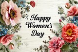 Happy Womens Day with spring flowers background International Womens Day concept March 8 Happy Mother`s Day greeting design