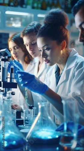 A team of Multi-Ethnic Young scientists study and conduct analyses in a modern scientific and medical laboratory. Healthcare, microbiology, biotechnology, biology concepts.