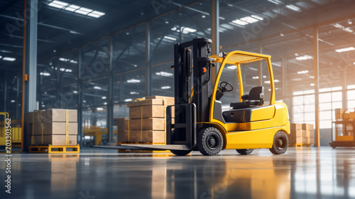Yellow forklift in a warehouse with high windows. Storage efficiency. Generative AI