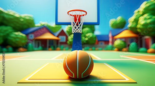 Simple basketball court, 3D icon, clay, Cartoon soft smooth lighting