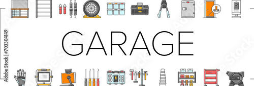 garage tools service auto repair icons set vector. car mechanic, automotive engine, automobile vehicle, wheel wrench, shop, equipment garage tools service auto repair color line illustrations