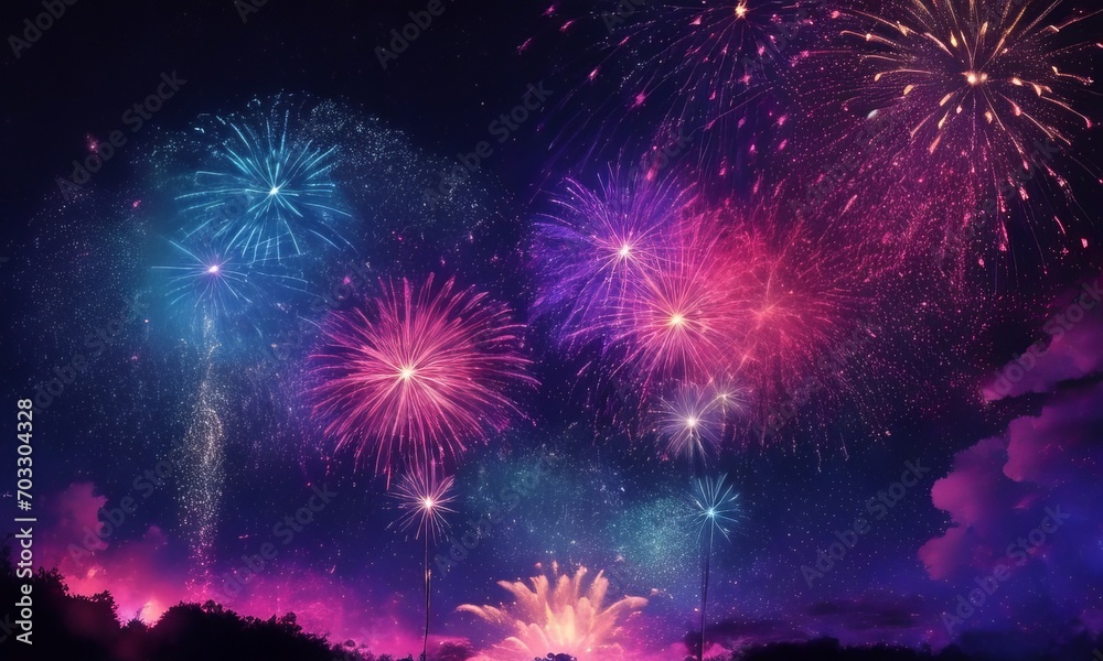 Fototapeta premium Fireworks on the night sky background