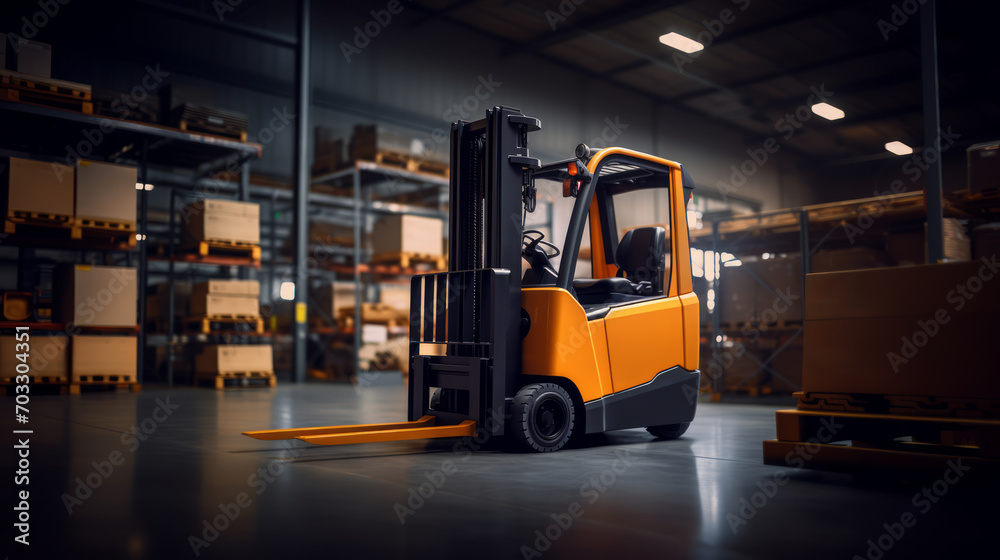 Orange forklift parked in warehouse aisle, logistic operations theme. Generative AI