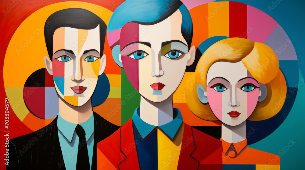 A pop art family portrait featuring bold shapes and vivid colors is captured in the image, adding a touch of modernity to the classic style.