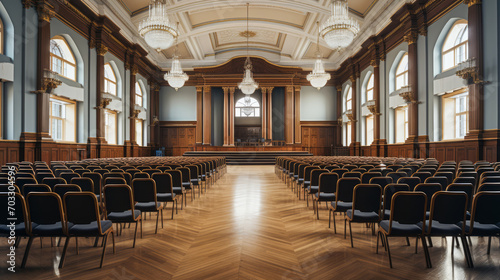 Elegant spacious conference hall with blue chairs and classic architecture. Event venue concept. Generative AI photo