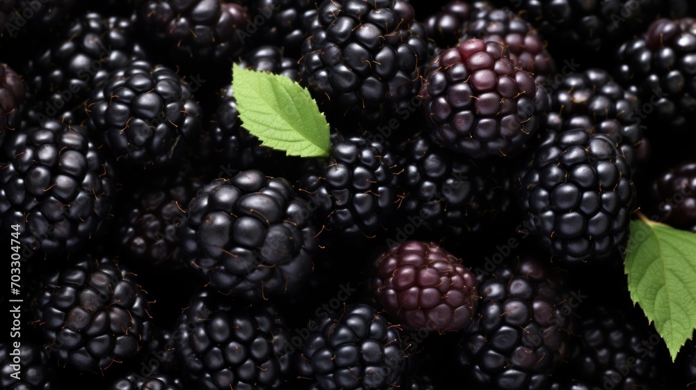 a close up of a bunch of blackberries with a green leaf on the top of one of the berries. a close up of a bunch of blackberries with a green leaf on the top of one of the berries.