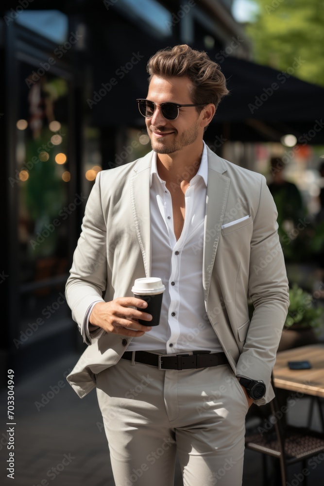 Confident businessman making the most of his walk, laptop and coffee cup in hand, as he enjoys the urban scenery, Generative AI Confident businessman making the most of his walk, laptop and coffee cup in hand, as he enjoys the urban scenery, Generative AI