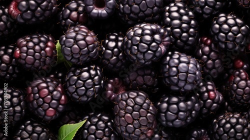  a pile of black raspberries with a green leaf on the top of one of the berry s.