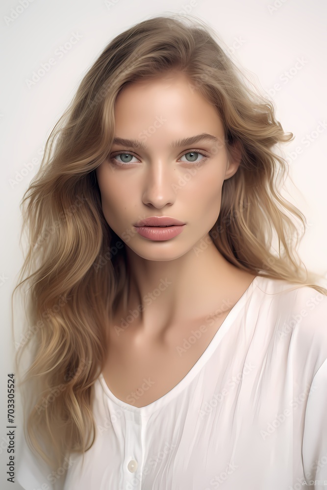 An ethereal-looking model showcasing a natural, effortless beauty, with soft makeup, framed against a pristine white wall, evoking sophistication. An ethereal-looking model showcasing a natural, effortless beauty, with soft makeup, framed against a pristine white wall, evoking sophistication.